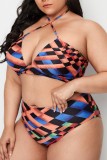 Multicolor Sexy Print Bandage Backless Halter Plus Size Swimwear  Three Piece Set (With Paddings)