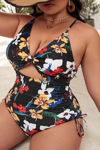 Black Red Sexy Print Hollowed Out Patchwork Backless Cross Straps V Neck Plus Size Swimwear (With Paddings)