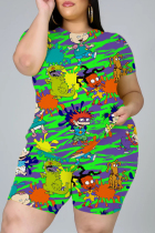 Green Fashion Casual adult O Neck Patchwork Print Two Piece Suits Plus Size
