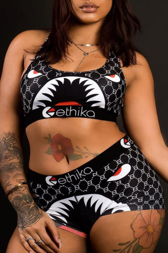 Black Sexy Casual Sportswear Print Basic U Neck Plus Size Two Pieces