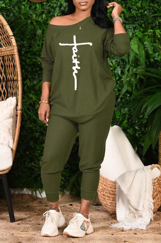 Army Green Casual Print Patchwork O Neck Long Sleeve Two Pieces