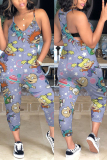 Blue and gray Fashion Sexy Print Patchwork Sleeveless Slip Jumpsuits