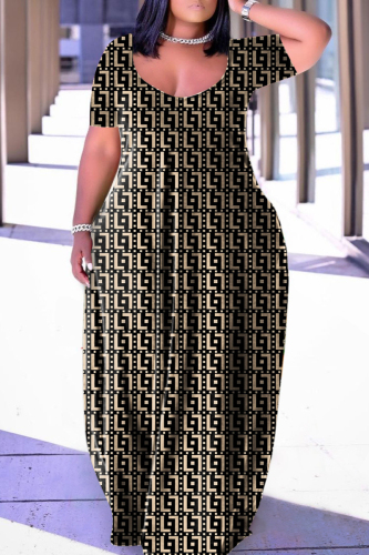 Black Apricot Casual Print Basic V Neck Short Sleeve Dress Plus Size Dresses