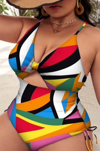 Colour Sexy Print Hollowed Out Patchwork Backless Cross Straps V Neck Plus Size Swimwear (With Paddings)