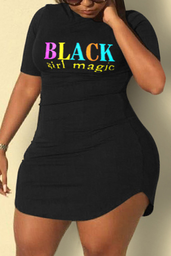 Black Casual Letter Print Basic O Neck Short Sleeve Dress Plus Size Dresses