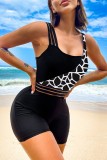 Black Sexy Print Solid Patchwork Backless Contrast Swimwears (With Paddings)