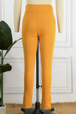 Yellow Casual Solid Buttons Regular High Waist Conventional Solid Color Trousers