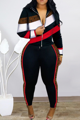 Black Casual Print Patchwork Zipper Collar Plus Size Two Pieces