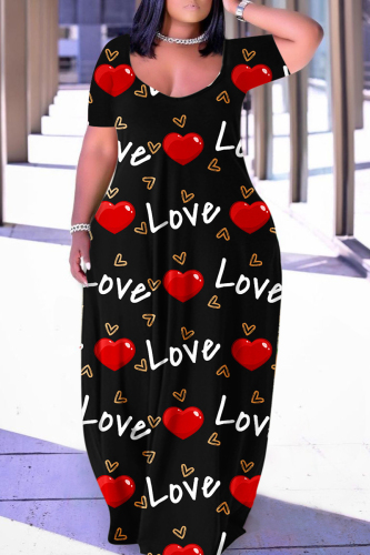 Black Casual Print Basic V Neck Short Sleeve Dress Plus Size Dresses