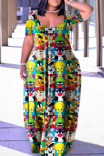 Multicolor Casual Print Basic V Neck Short Sleeve Dress Plus Size Dresses