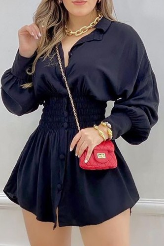 Deep Blue Casual Print Solid Patchwork Turndown Collar Long Sleeve Dresses
