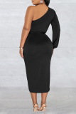 Black Casual Solid Patchwork Backless Oblique Collar Long Sleeve Dresses