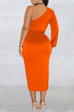 Orange Casual Solid Patchwork Backless Oblique Collar Long Sleeve Dresses