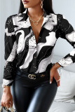 White Casual Print Patchwork Buckle Turndown Collar Tops