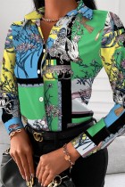 Green Casual Print Patchwork Shirt Collar Tops