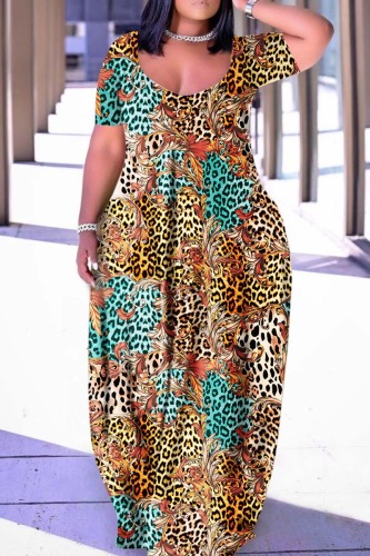 Leopard Print Casual Print Basic V Neck Short Sleeve Dress Plus Size Dresses