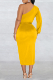 Yellow Casual Solid Patchwork Backless Oblique Collar Long Sleeve Dresses