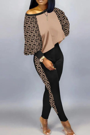 Apricot Casual Print Patchwork O Neck Long Sleeve Two Pieces