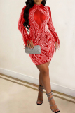 Red Sexy Patchwork Hot Drilling See-through Feathers O Neck Long Sleeve Dresses
