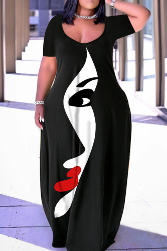 Black Casual Print Basic V Neck Short Sleeve Dress Plus Size Dresses