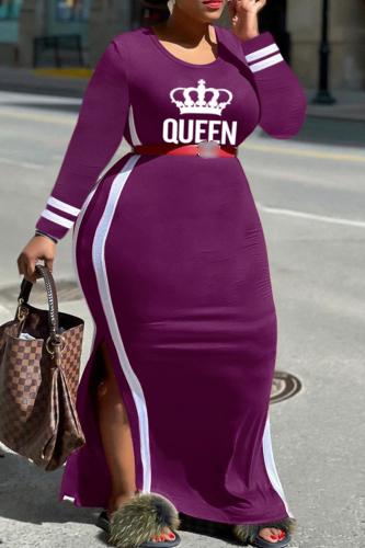 Purple Fashion Casual Letter Print Patchwork O Neck Plus Size Dresses (Without Belt)