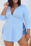 White Casual Solid Slit Shirt Collar Plus Size Tops