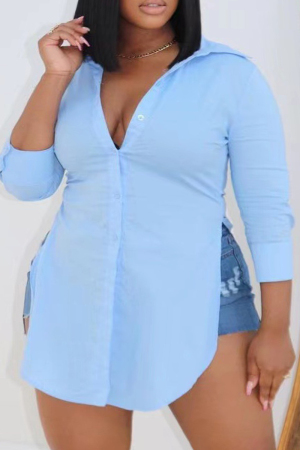 Blue Casual Solid Slit Shirt Collar Plus Size Tops