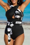 Black White Sexy Print Patchwork Backless Swimwears (With Paddings)