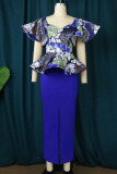 Blue Elegant Print Patchwork Flounce Square Collar One Step Skirt Dresses
