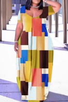 Earth Yellow Casual Print Basic V Neck Short Sleeve Dress Plus Size Dresses