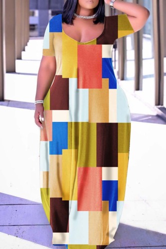 Earth Yellow Casual Print Basic V Neck Short Sleeve Dress Plus Size Dresses