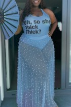 Blue Sexy Casual Letter Print See-through Beading U Neck Plus Size Swimwear
