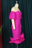 Rose Red Sexy Formal Solid Backless Off the Shoulder Evening Dress Plus Size Dresses