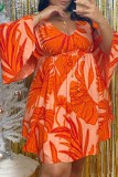 Orange Casual Print Patchwork V Neck Irregular Dress Plus Size Dresses