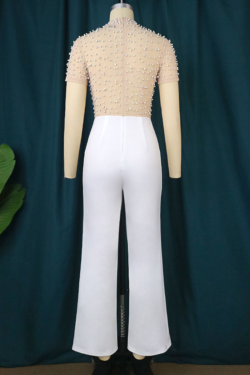 Fashion Sexy Solid Patchwork Feathers Beading O Neck Straight Jumpsuits