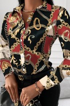 Black Red Casual Print Patchwork Shirt Collar Tops