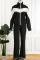 Black Casual Patchwork Contrast Zipper Collar Long Sleeve Two Pieces