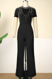 Black Sexy Elegant Solid Patchwork See-through Beading O Neck Regular Jumpsuits