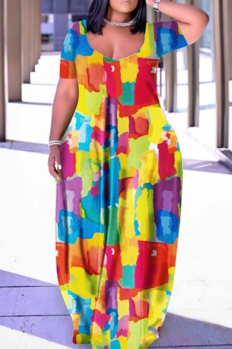 Colour Casual Print Basic V Neck Short Sleeve Dress Plus Size Dresses