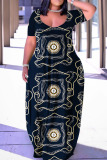 Black Gold Casual Print Basic V Neck Short Sleeve Dress Plus Size Dresses