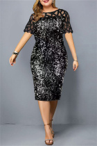 Black Silver Fashion Patchwork Plus Size Sequins See-through O Neck Short Sleeve Dress
