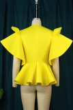 Yellow Elegant Solid Patchwork Flounce V Neck T-Shirts