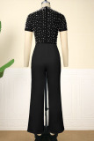 Black Sexy Elegant Solid Patchwork See-through Beading O Neck Regular Jumpsuits