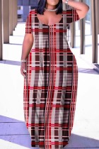 Red Casual Print Basic V Neck Short Sleeve Dress Plus Size Dresses