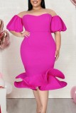 Rose Red Sexy Formal Solid Backless Off the Shoulder Evening Dress Plus Size Dresses