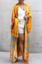Golden Yellow Casual Print Cardigan Outerwear