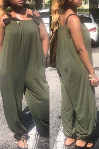 Army Green Casual Solid Patchwork Backless Spaghetti Strap Regular Jumpsuits
