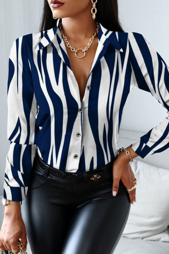 Royal Blue Casual Print Patchwork Buckle Turndown Collar Tops