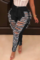 Black Casual Solid Ripped Patchwork Plus Size Jeans