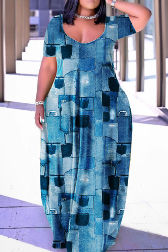 Blue Casual Print Basic V Neck Short Sleeve Dress Plus Size Dresses
